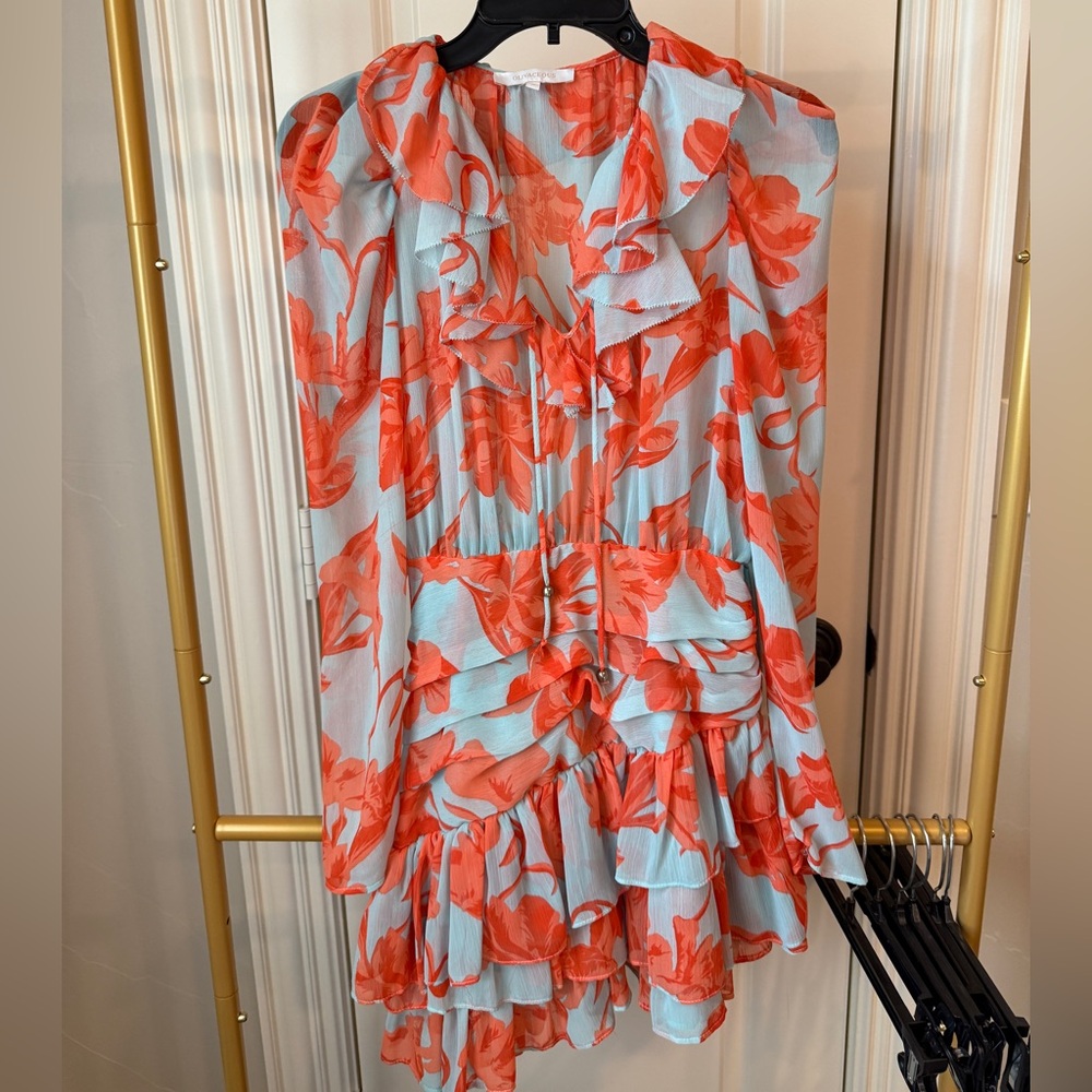 Olivaceous Asymmetrical hem Floral Ruffle Mini Dress - Orange and Blue